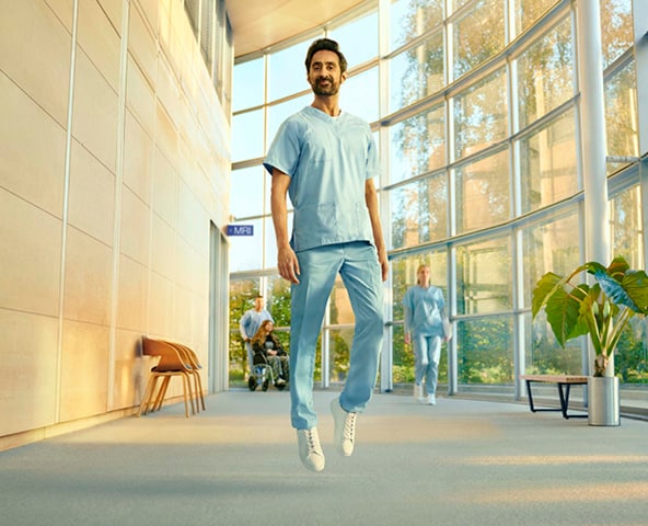 man floating in hospital