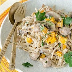 Hazelnut Pasta with Sausage, Mushrooms and Pumpkin