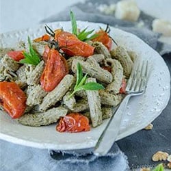 Quinoa Penne with Mint Pesto and Roasted Tomatoes