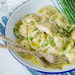 Ricotta and Smoked Salmon Ravioli  with burnt Butter and Chives